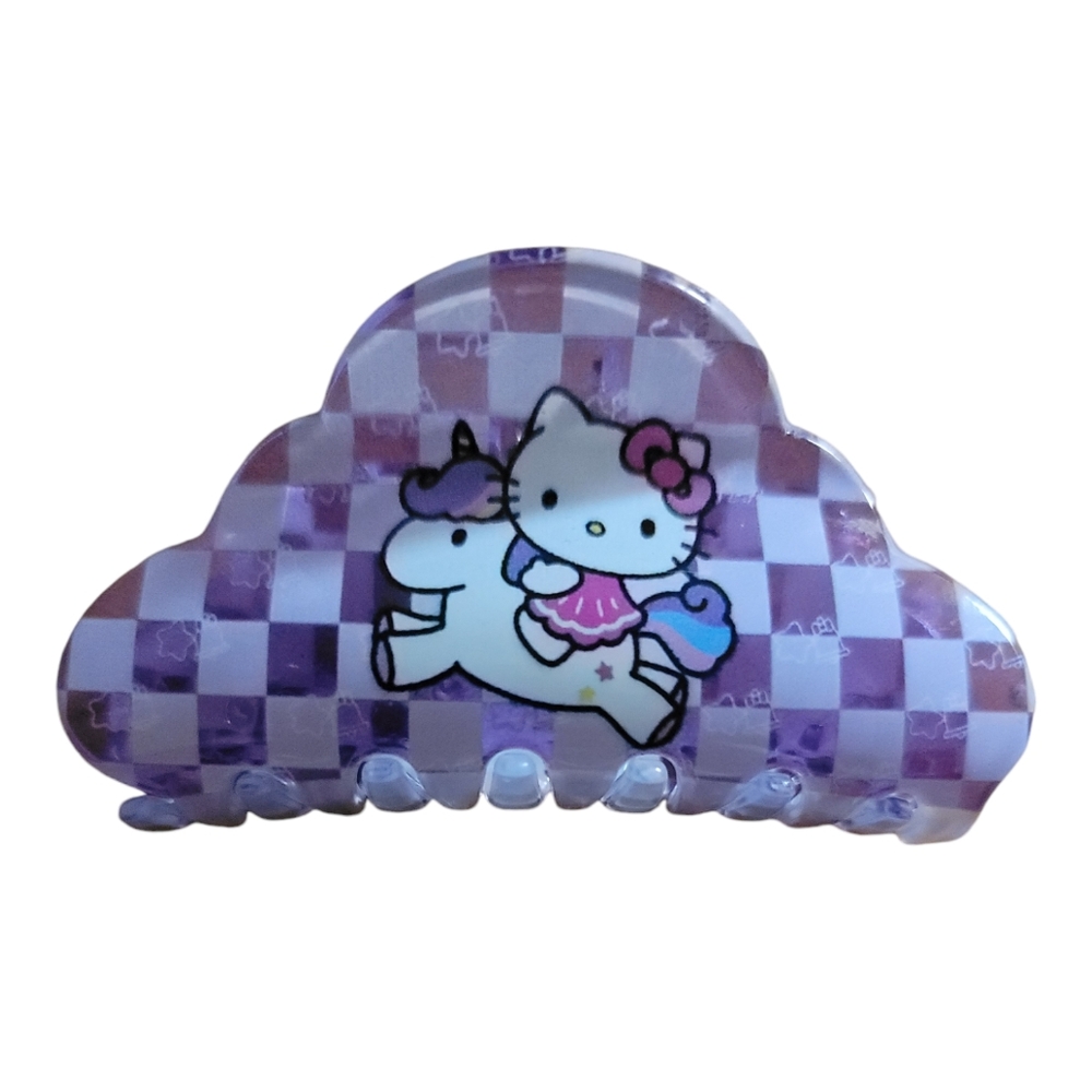 Cat Riding Unicorn Claw Clip Lavender Purple Checkered Hair  Accessory